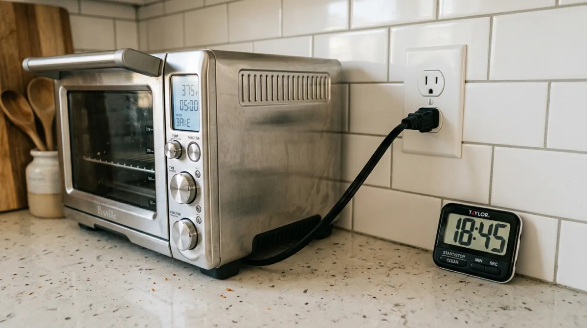 Air fryer and convection toaster oven side by side on a clean kitchen counter