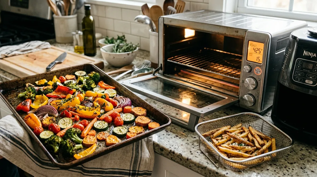 Batch cooking comparison showing small basket meals versus multi-tray countertop baking