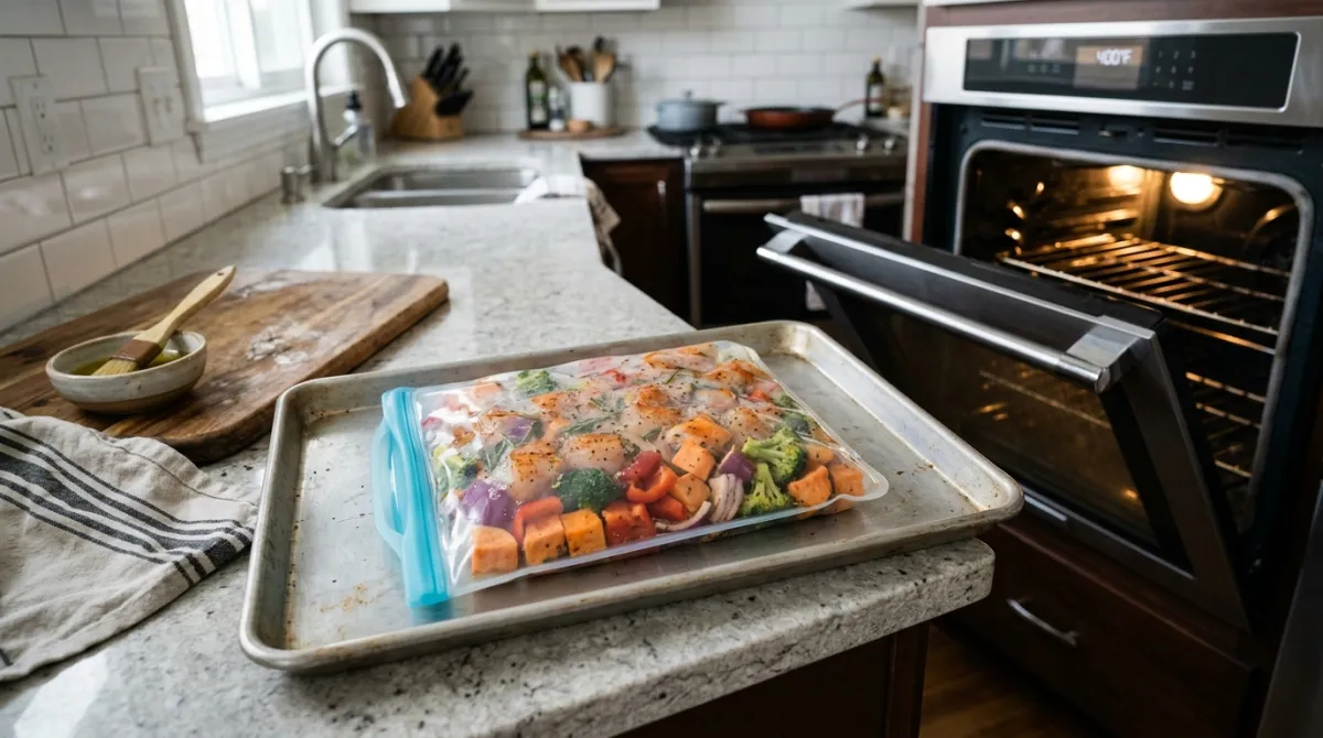 A close-up of silicone food storage bags being washed in a clean kitchen sink with soapy water