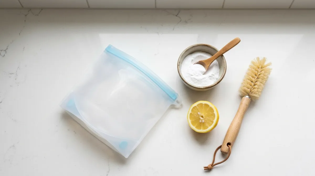 A kitchen counter displaying natural cleaning agents like baking soda, vinegar, and lemons next to clean silicone bags